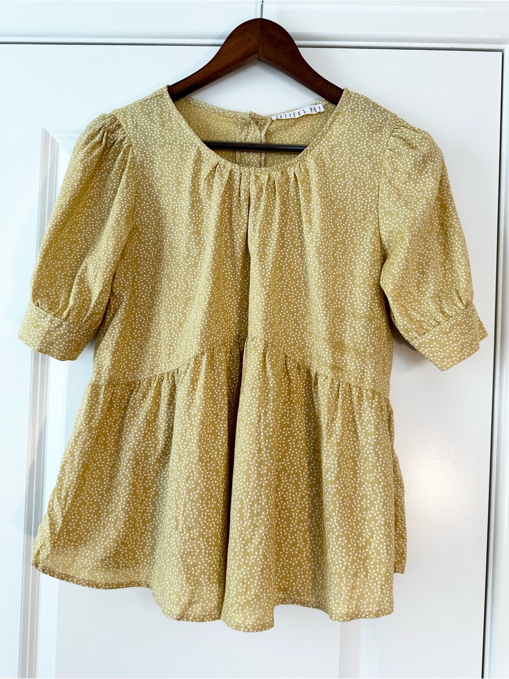 Potter’s Pot Mustard Yellow 100% Cotton Polka Dot Peplum Blouse Small